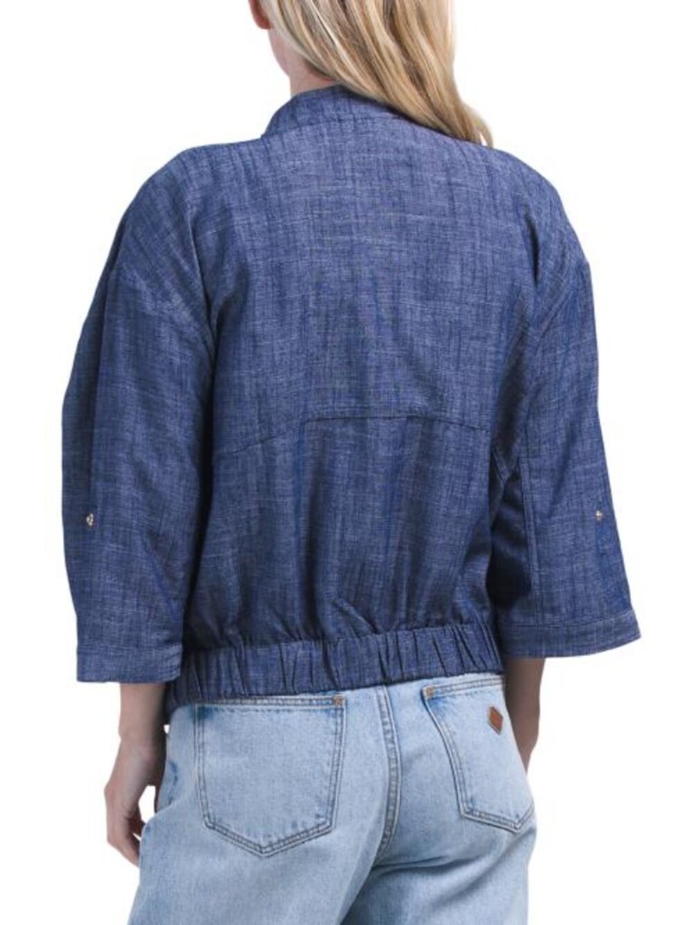 ELLEN TRACY Linen Blend Three-quarter Sleeve Chambray Bomber - Picture 2 of 4